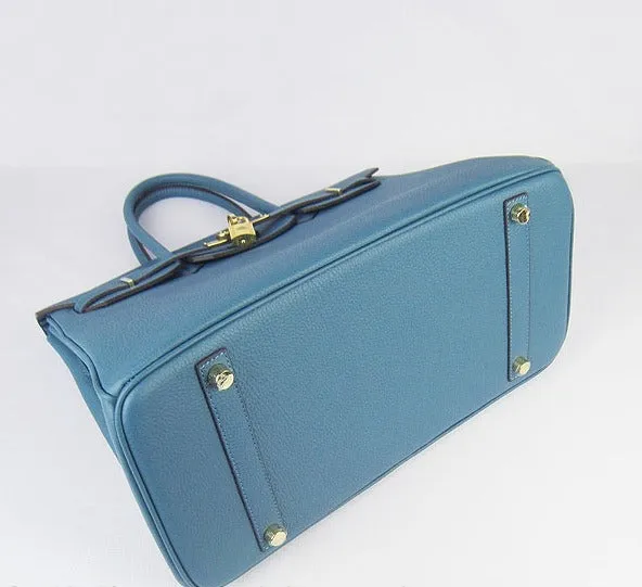Trendy Inspired Hermes Birkin 35cm Cattle Skin Vein Handbags Blue Golden