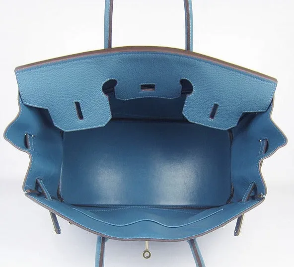 Trendy Inspired Hermes Birkin 35cm Cattle Skin Vein Handbags Blue Golden