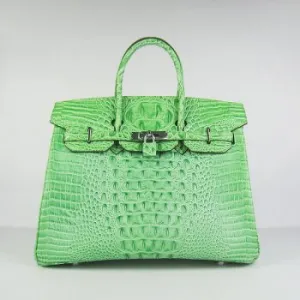 Trendy Inspired Hermes Birkin 35cm Crocodile Head Veins Handbags Green Silver