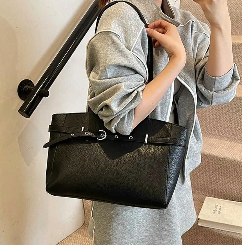 Trendy Y2k Tote Bag for Women 2025 Large Casual Shoulder Bags PU Leather Buckle Belt Handbags Top Handle Work Purses