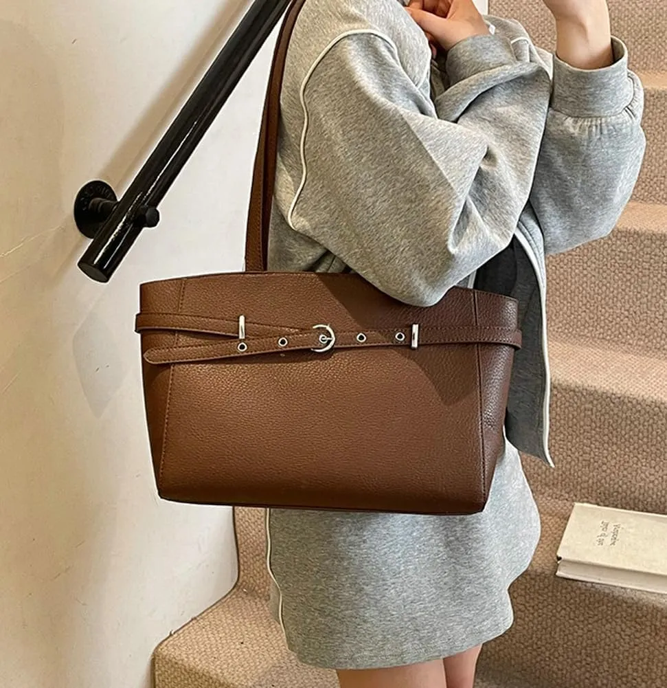 Trendy Y2k Tote Bag for Women 2025 Large Casual Shoulder Bags PU Leather Buckle Belt Handbags Top Handle Work Purses