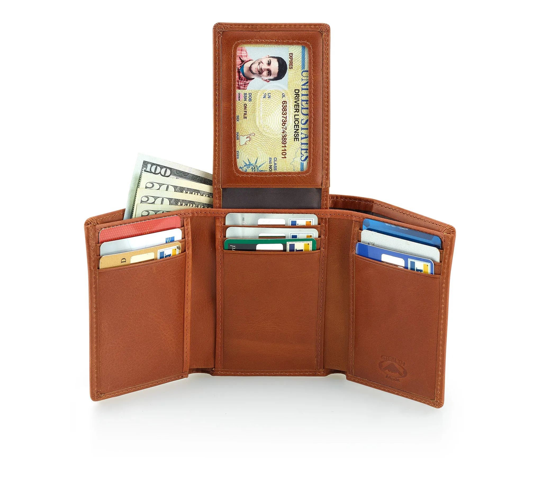 Trifold Leather Wallet for Men with ID Holder and RFID Blocking (Light Brown)