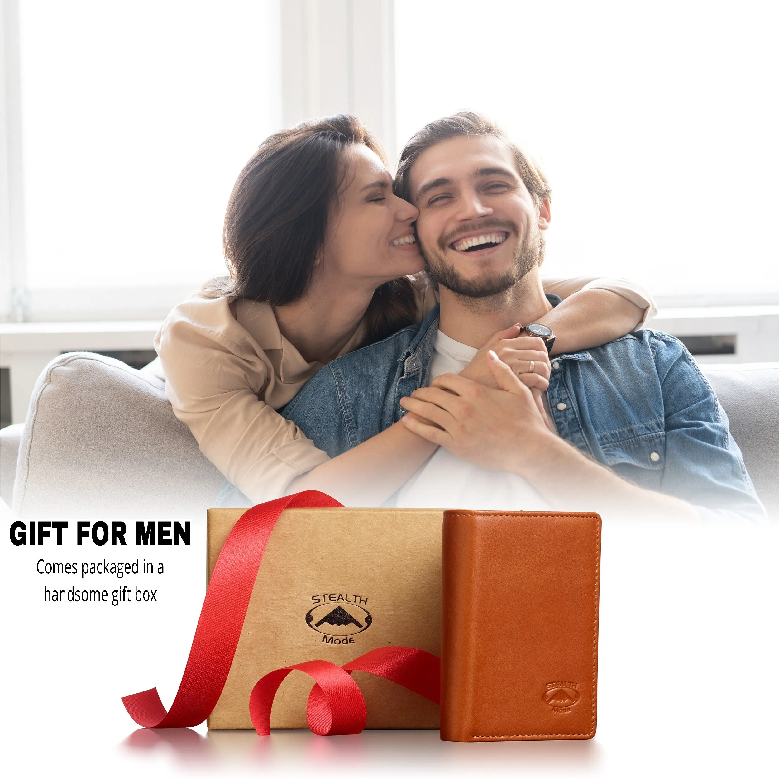 Trifold Leather Wallet for Men with ID Holder and RFID Blocking (Light Brown)