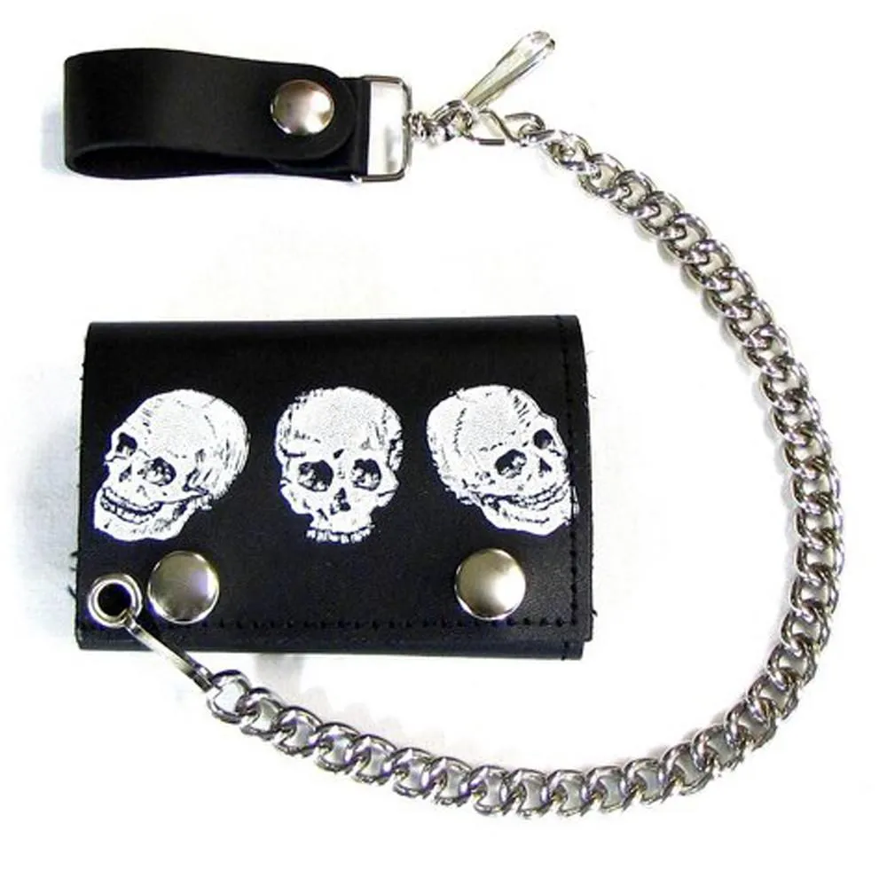 TRIPLE SKULLS TRIFOLD LEATHER WALLETS WITH CHAIN