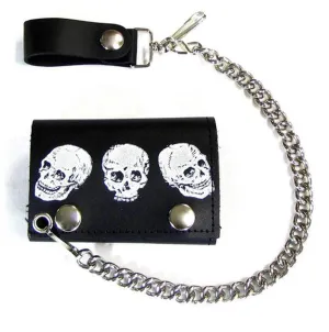TRIPLE SKULLS TRIFOLD LEATHER WALLETS WITH CHAIN