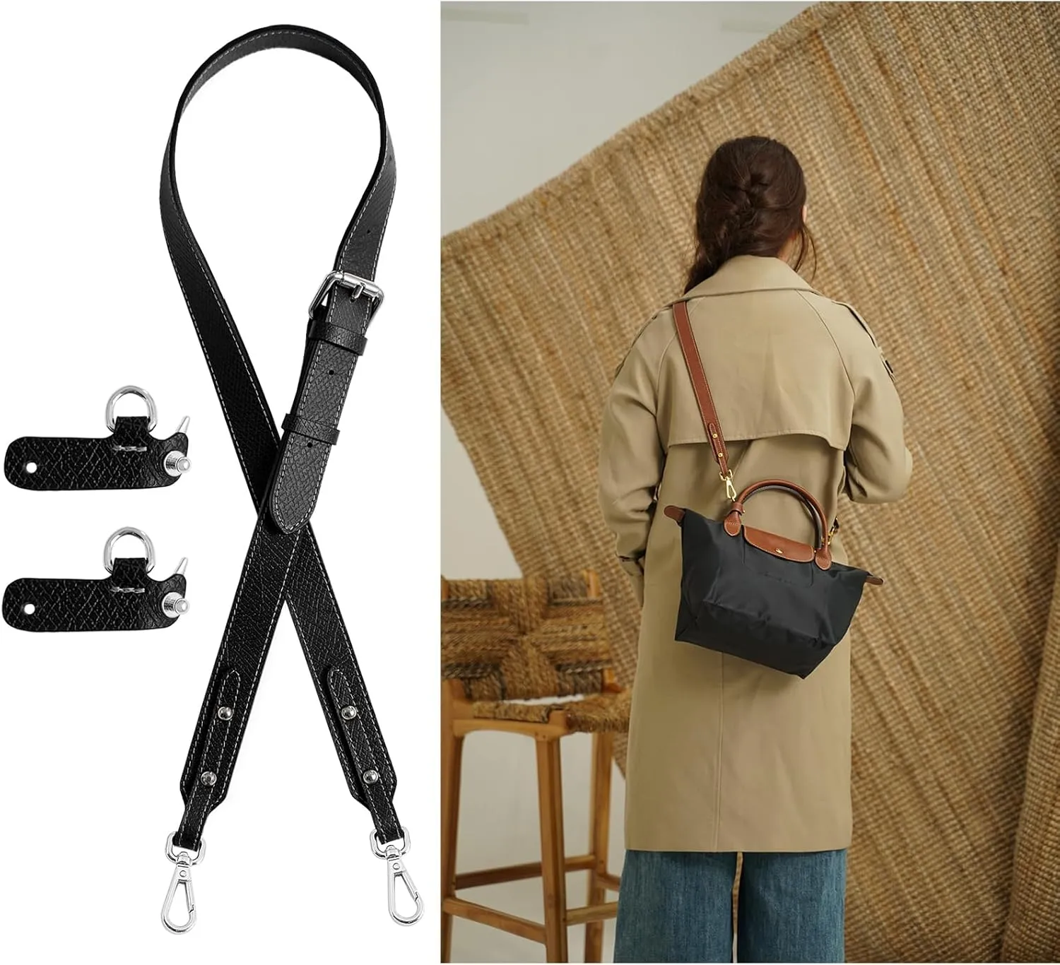Upgraded Leather Mini Bag Strap, Adjustable Crossbody Replacement Strap, Anti-Slip Shoulder Strap with Buckles, Compatible with Longchamp Handbags & Mini Bags-Black L