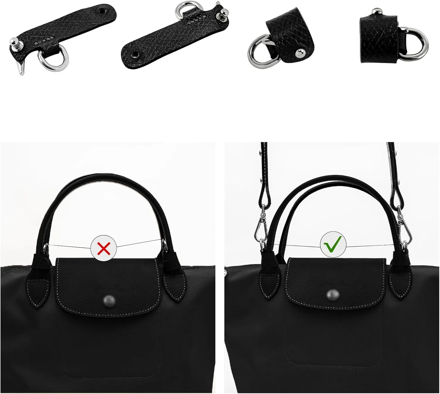 Upgraded Leather Mini Bag Strap, Adjustable Crossbody Replacement Strap, Anti-Slip Shoulder Strap with Buckles, Compatible with Longchamp Handbags & Mini Bags-Black L