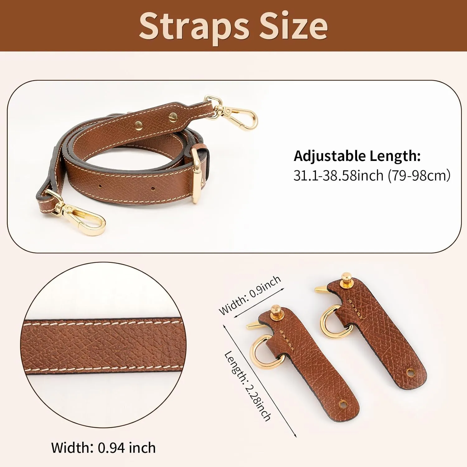 Upgraded Leather Mini Bag Strap, Adjustable Crossbody Replacement Strap, Anti-Slip Shoulder Strap with Buckles, Compatible with Longchamp Handbags & Mini Bags-Brown L