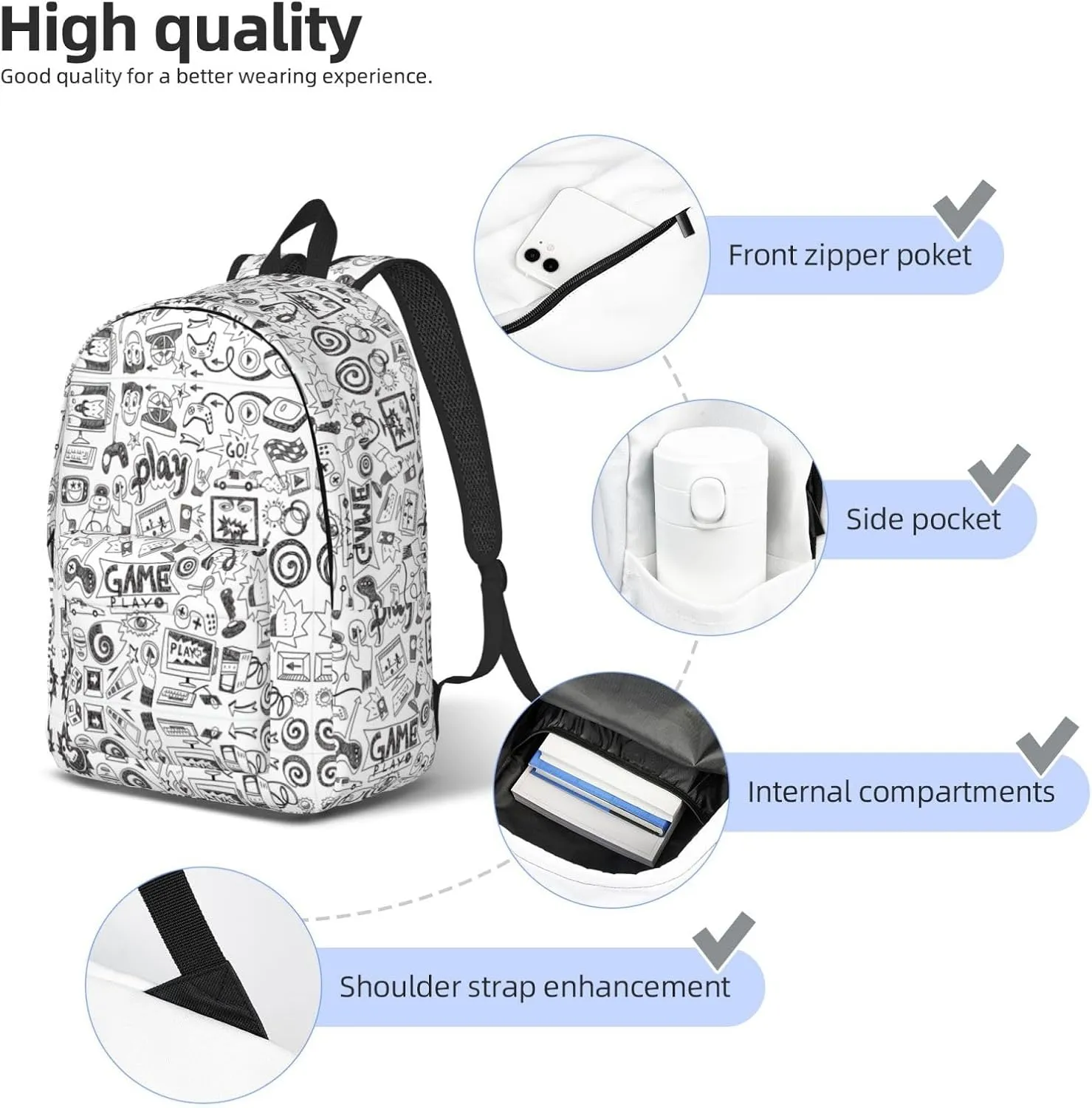 Video Game Boys Print Canvas Backpack Women,Mens Travel Casual Daypack Bookbag For Laptop Work Travel Hiking