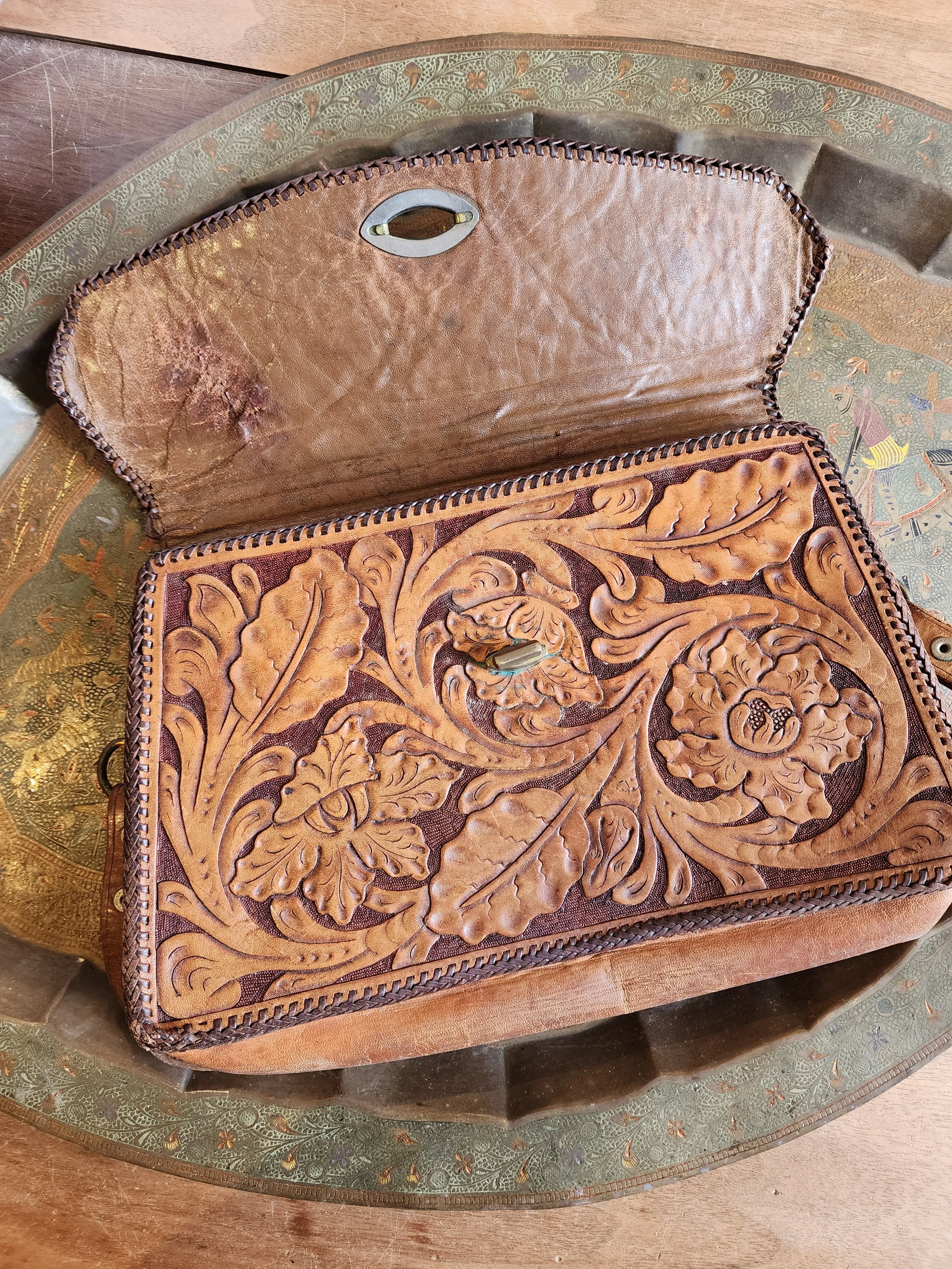 Vintage 70s Tooled Leather Shoulder Bag