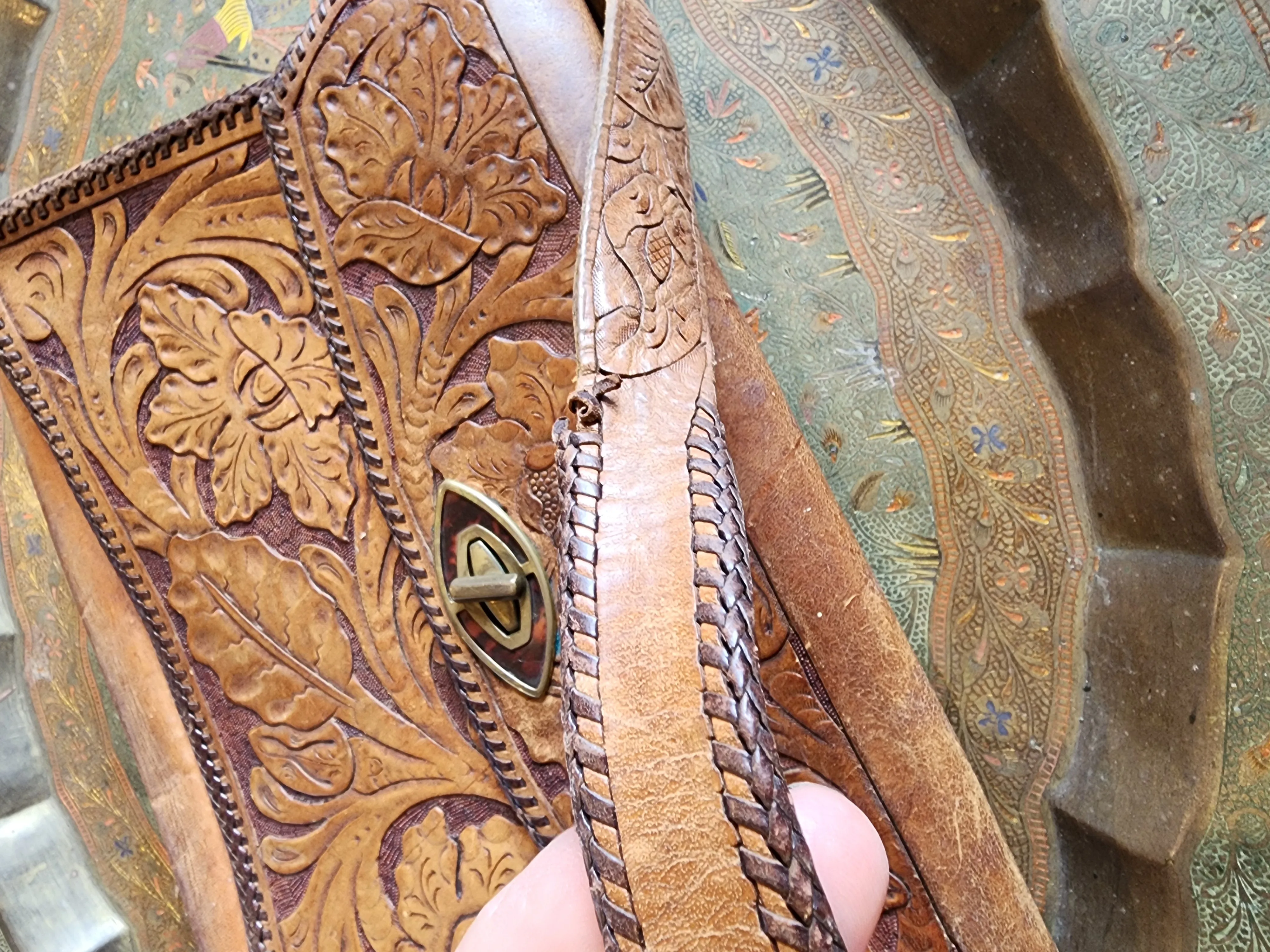 Vintage 70s Tooled Leather Shoulder Bag