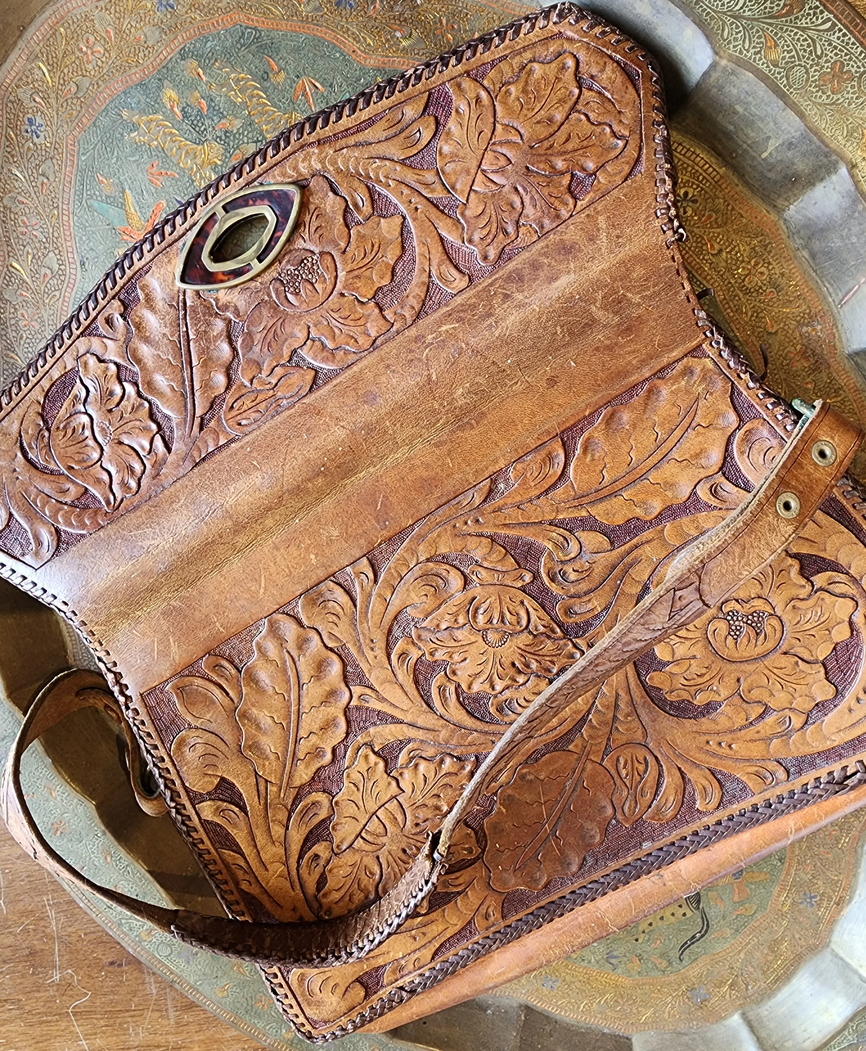 Vintage 70s Tooled Leather Shoulder Bag