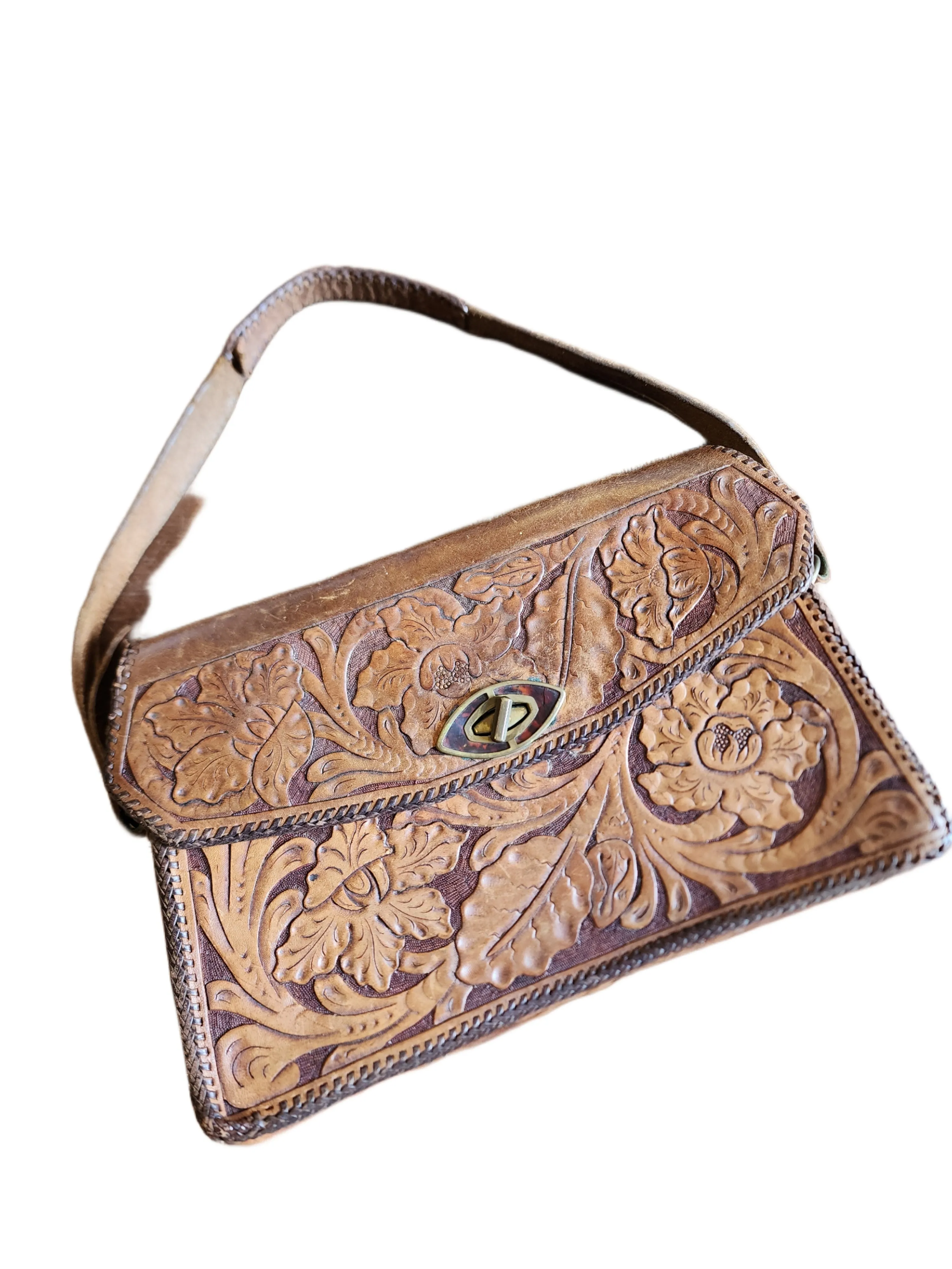 Vintage 70s Tooled Leather Shoulder Bag