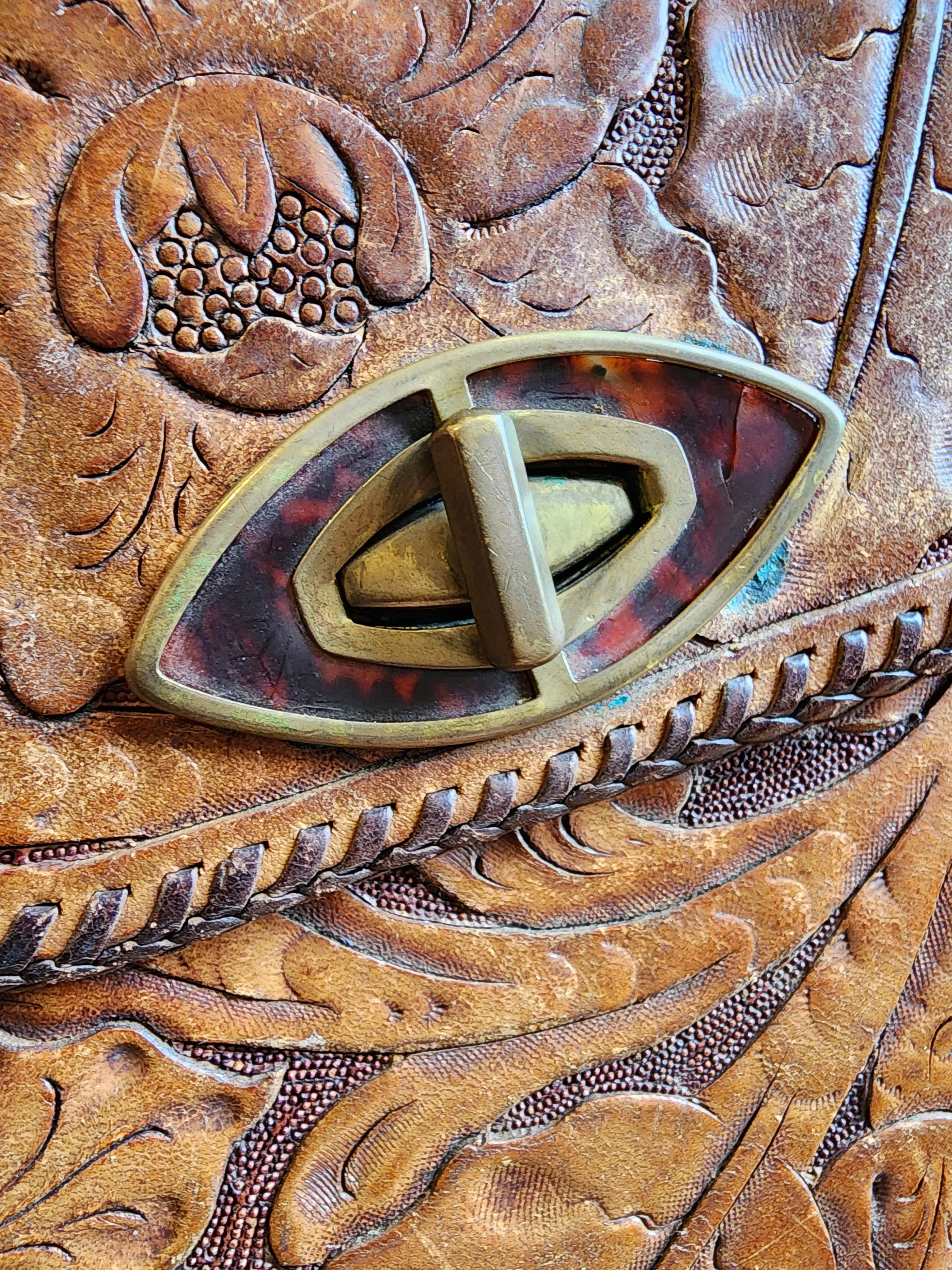 Vintage 70s Tooled Leather Shoulder Bag
