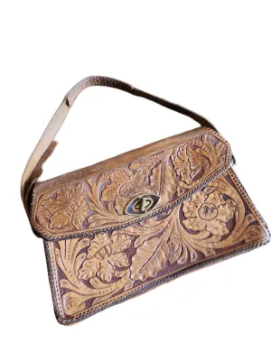Vintage 70s Tooled Leather Shoulder Bag