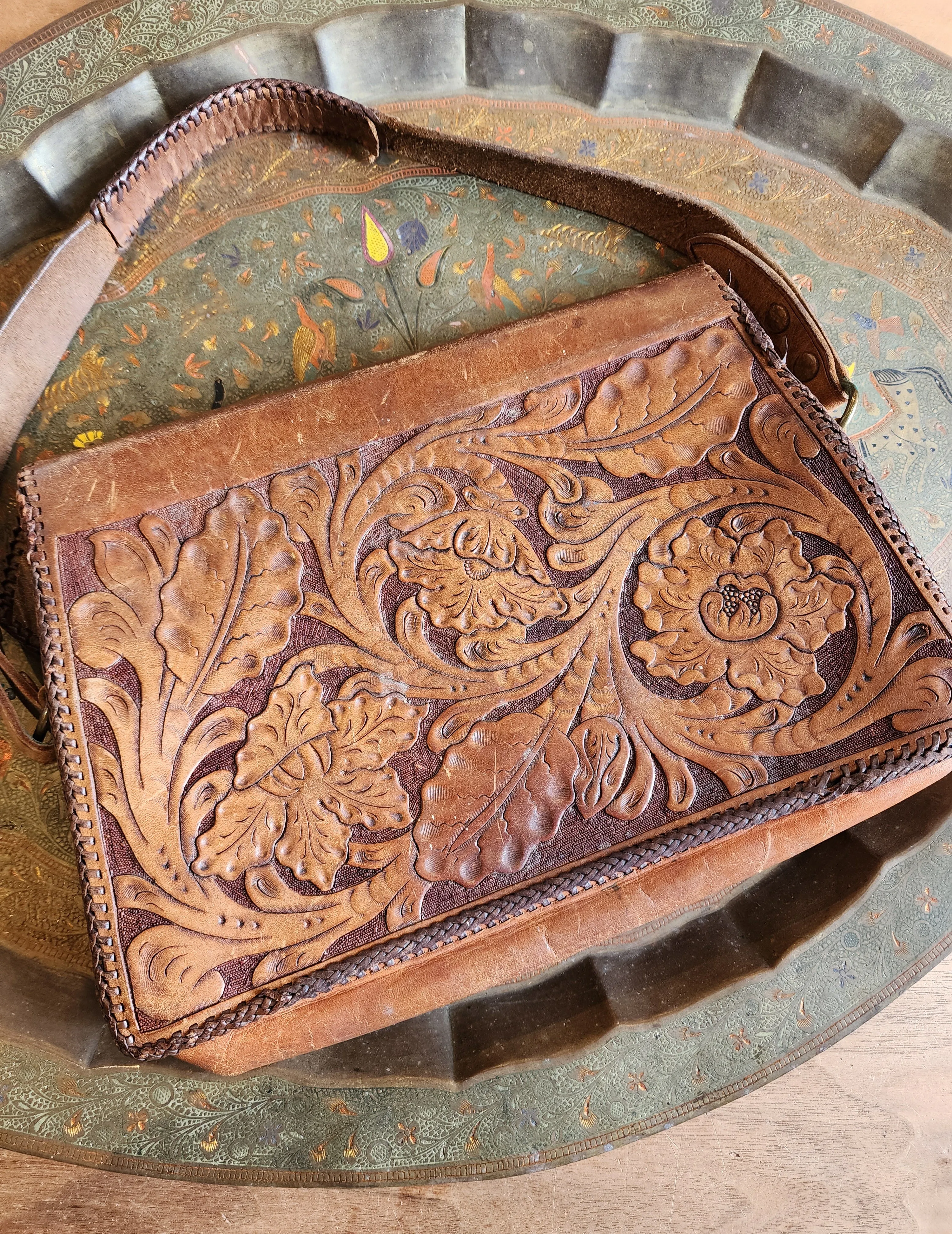 Vintage 70s Tooled Leather Shoulder Bag