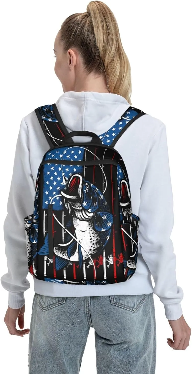 Vintage Fishing American Flag Casual Backpacks Laptop Backpack Outdoor Travel Rucksack Sport Carry-On Daypack Lightweight Bag with Multi-Pockets