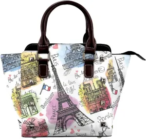 Vintage Paris Eiffel Tower Women Leather Handbag Rivet Shoulder Bag Top Handle Satchel Purse