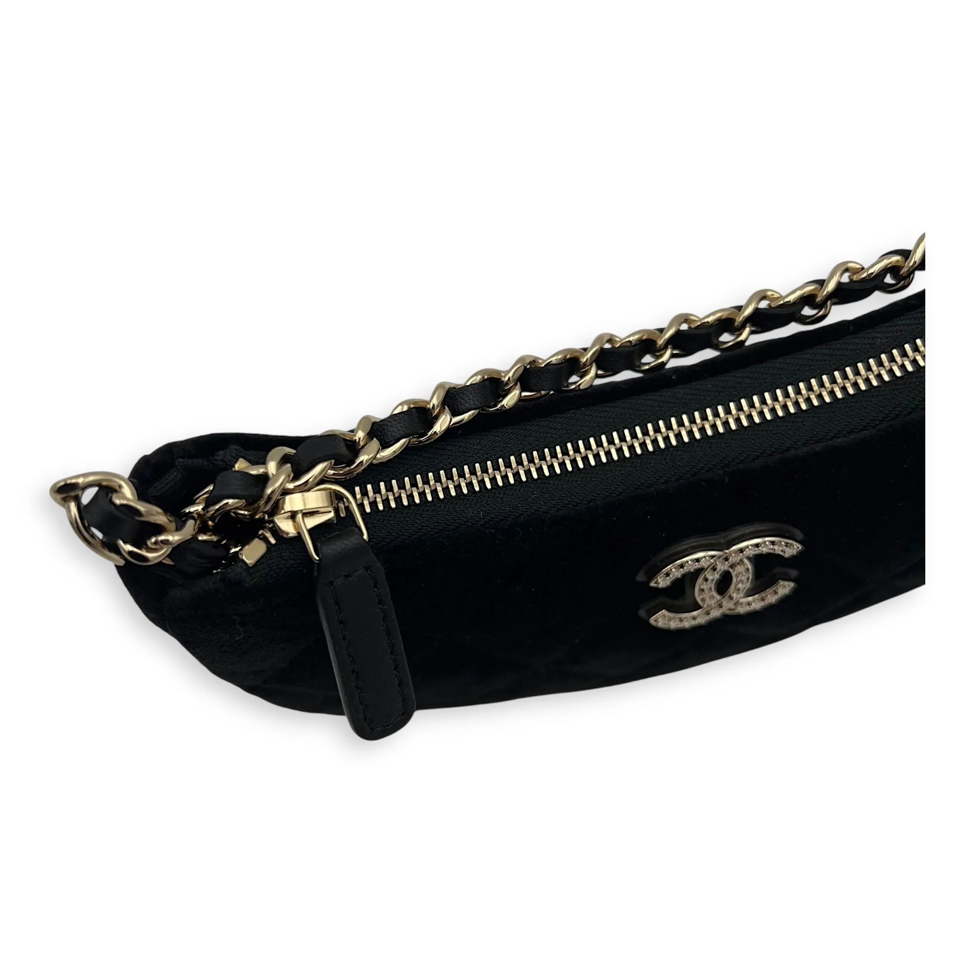 VIP Gift Crystal Quilted Black Crossbody Bag in Velvet, Gold hardware