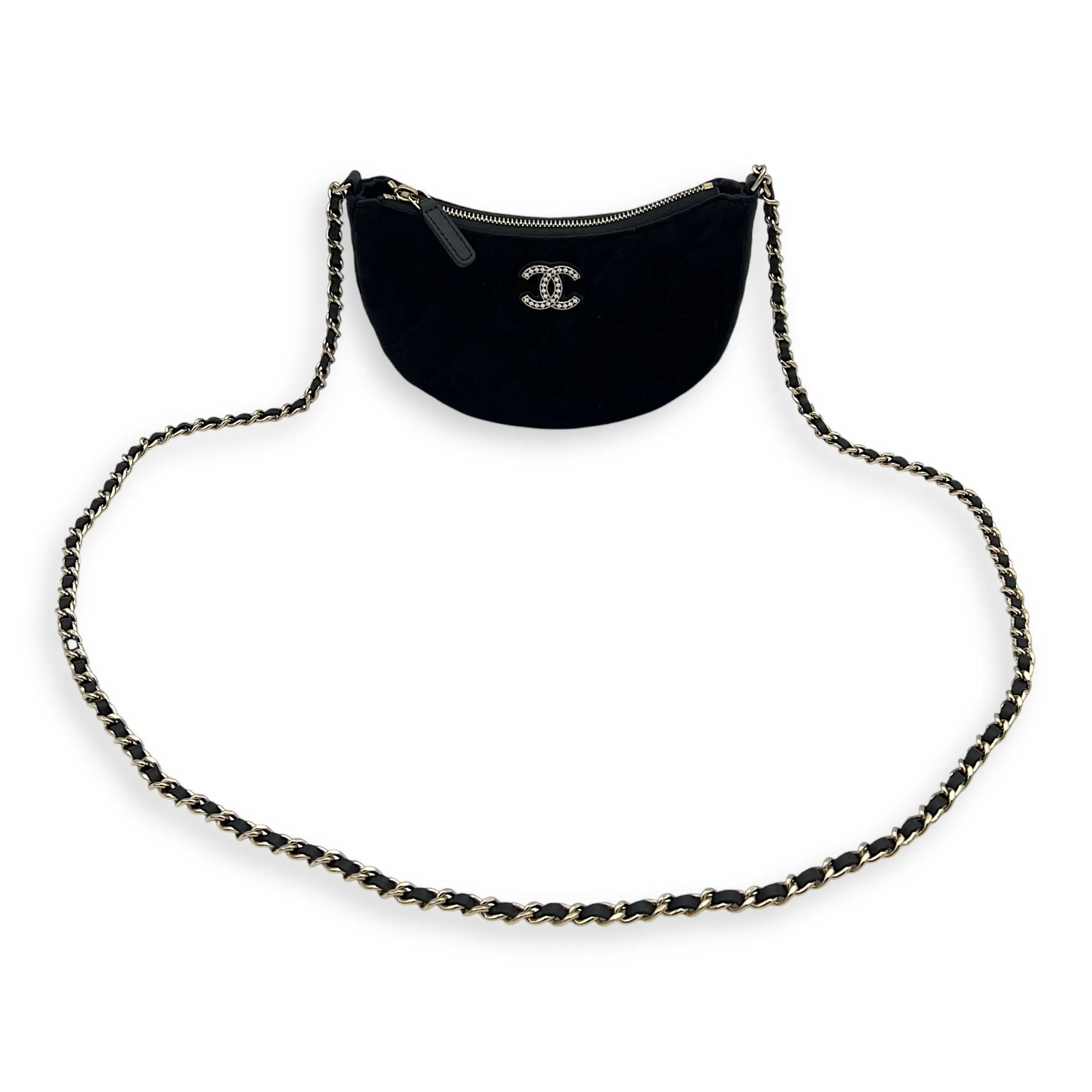 VIP Gift Crystal Quilted Black Crossbody Bag in Velvet, Gold hardware