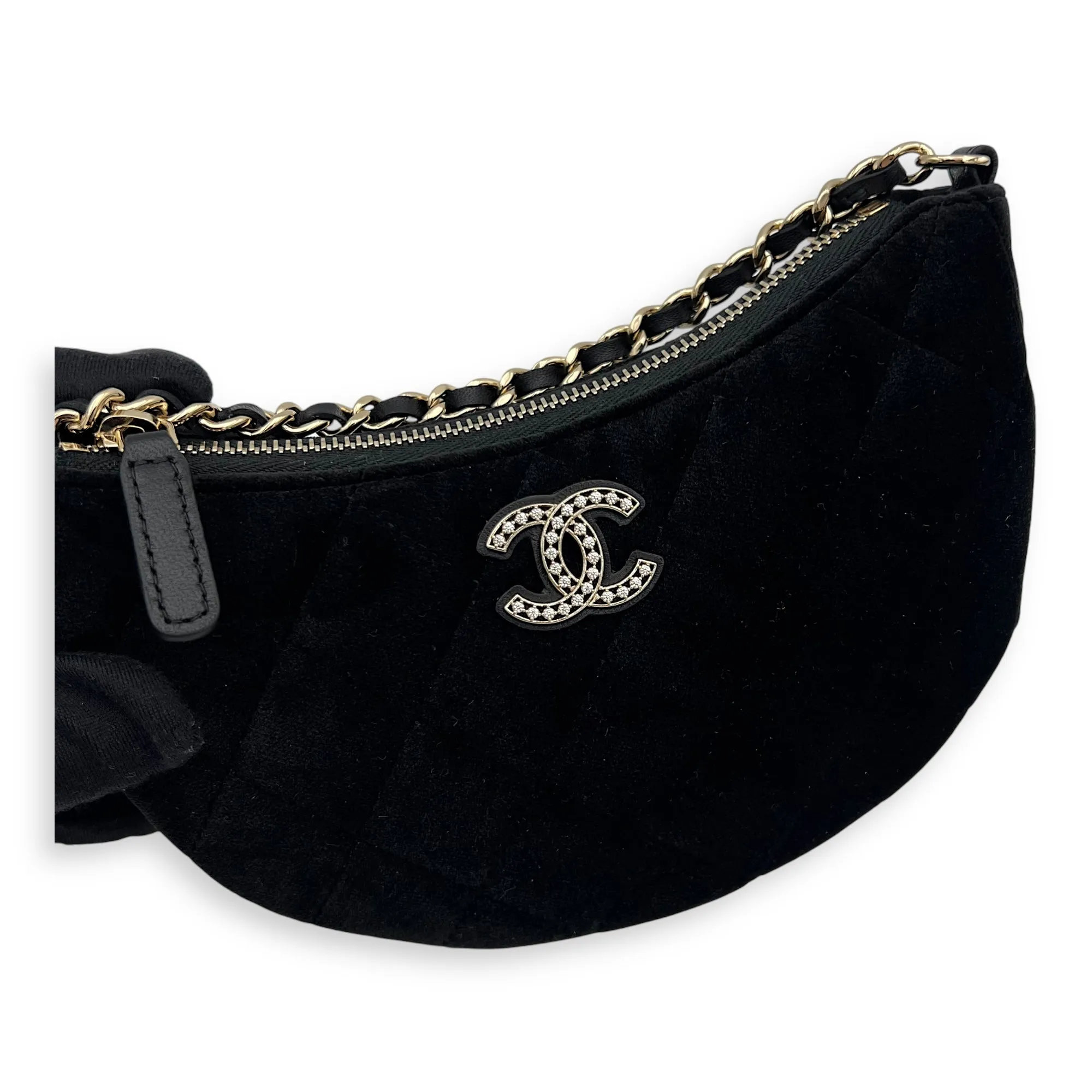 VIP Gift Crystal Quilted Black Crossbody Bag in Velvet, Gold hardware