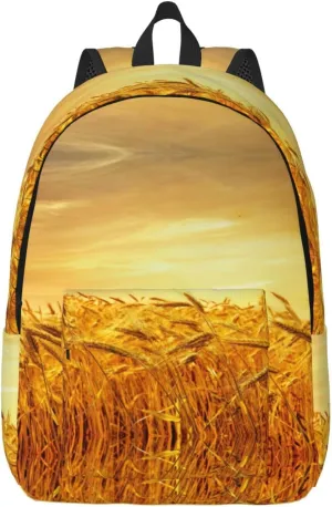 Wheat Field Print Canvas Backpack Women,Mens Travel Casual Daypack Bookbag For Laptop Work Travel Hiking
