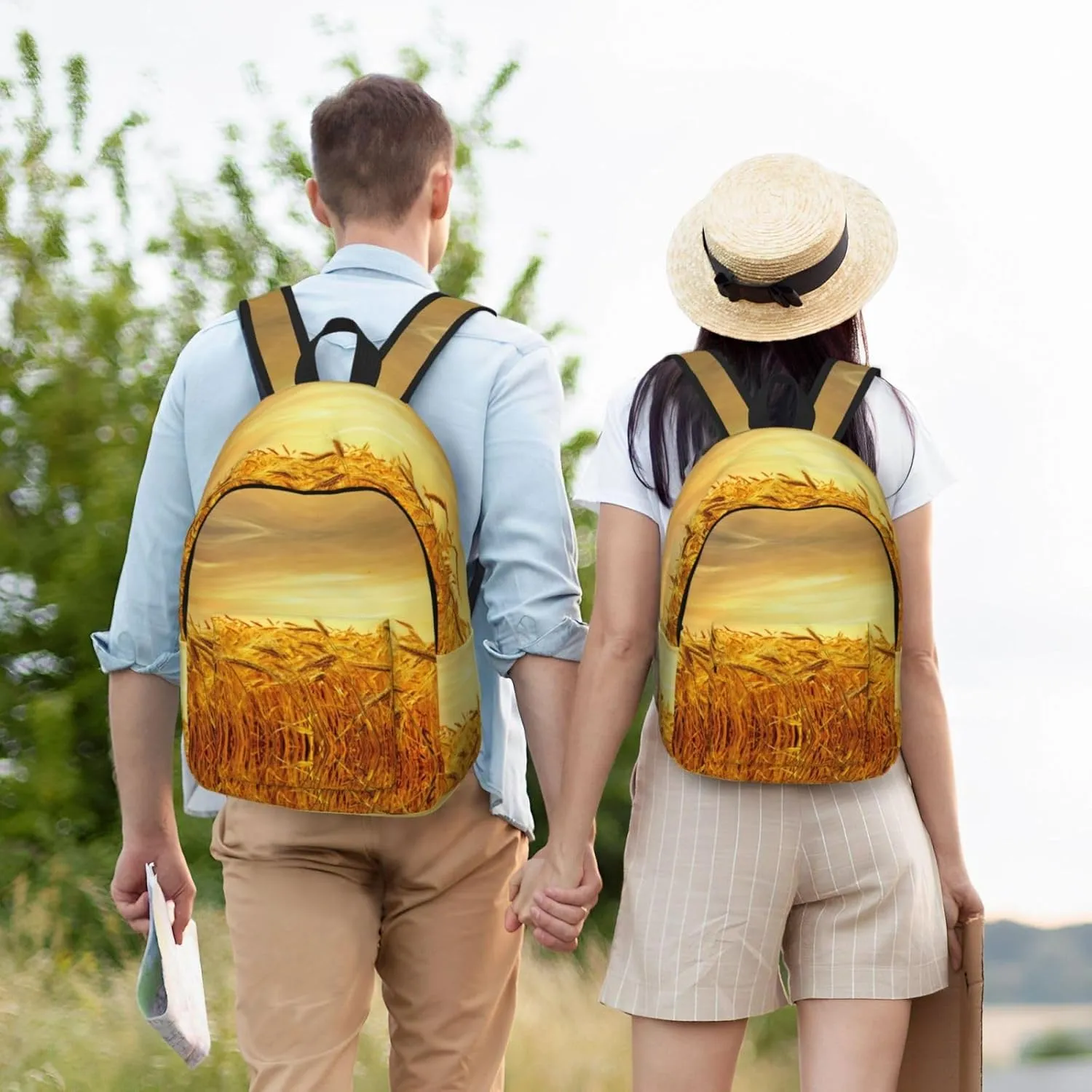 Wheat Field Print Canvas Backpack Women,Mens Travel Casual Daypack Bookbag For Laptop Work Travel Hiking