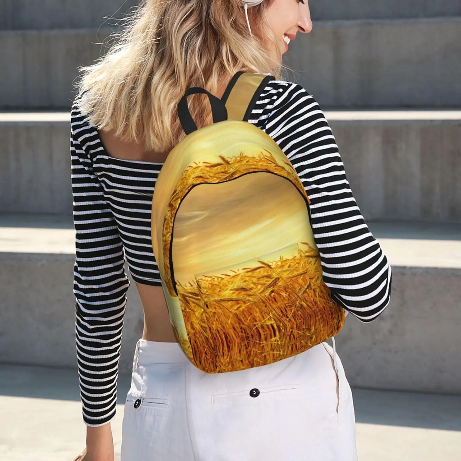 Wheat Field Print Canvas Backpack Women,Mens Travel Casual Daypack Bookbag For Laptop Work Travel Hiking