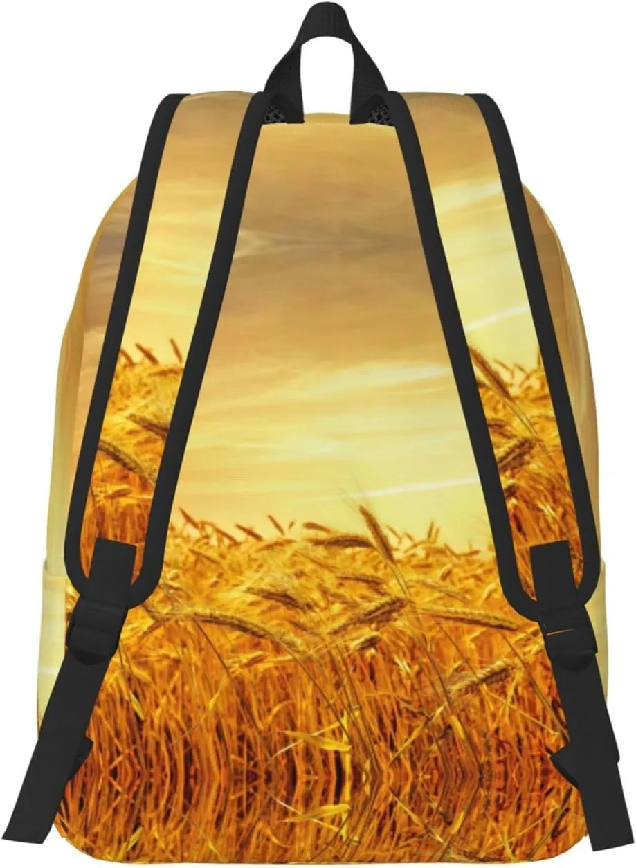 Wheat Field Print Canvas Backpack Women,Mens Travel Casual Daypack Bookbag For Laptop Work Travel Hiking