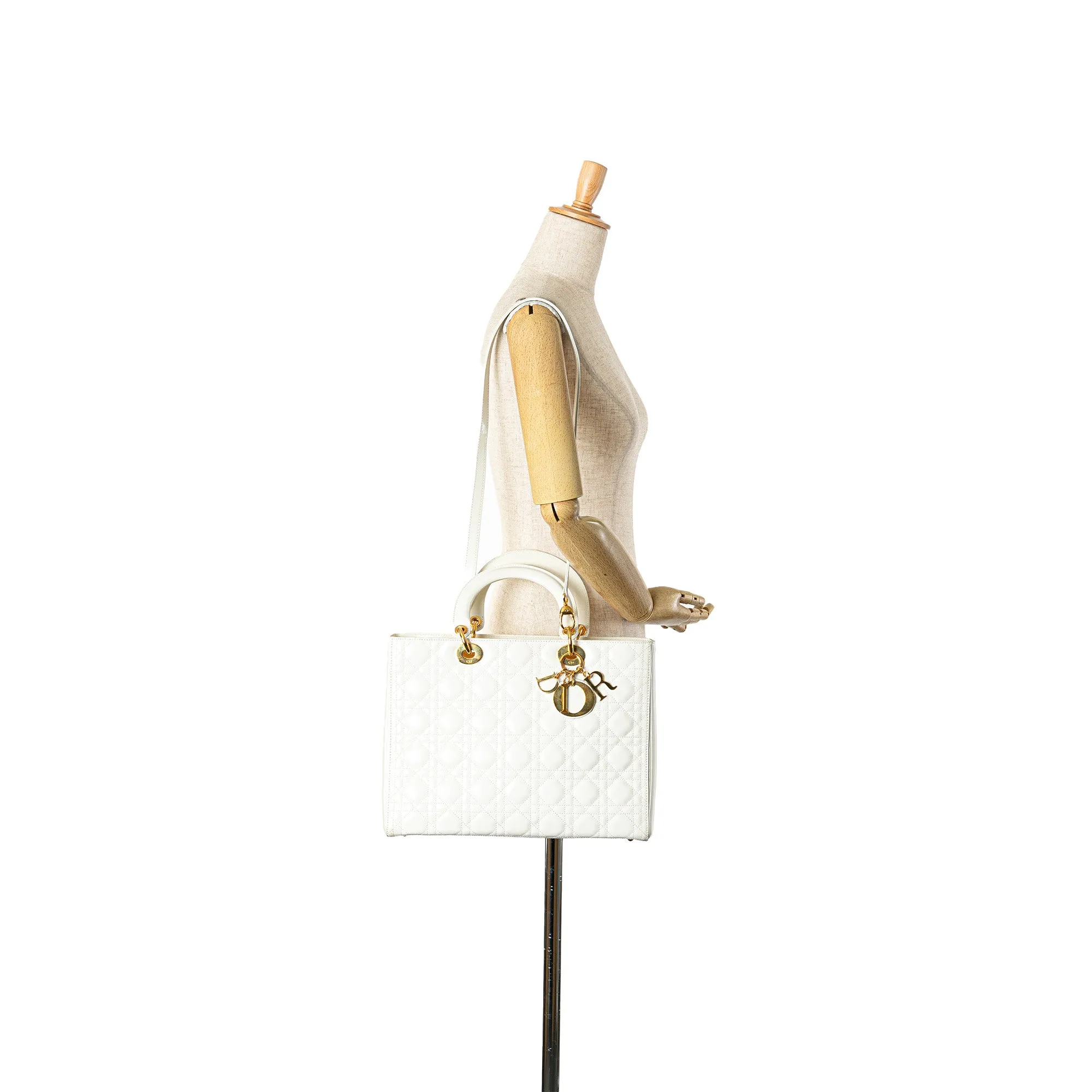 White Dior Large Lambskin Cannage Lady Dior Satchel