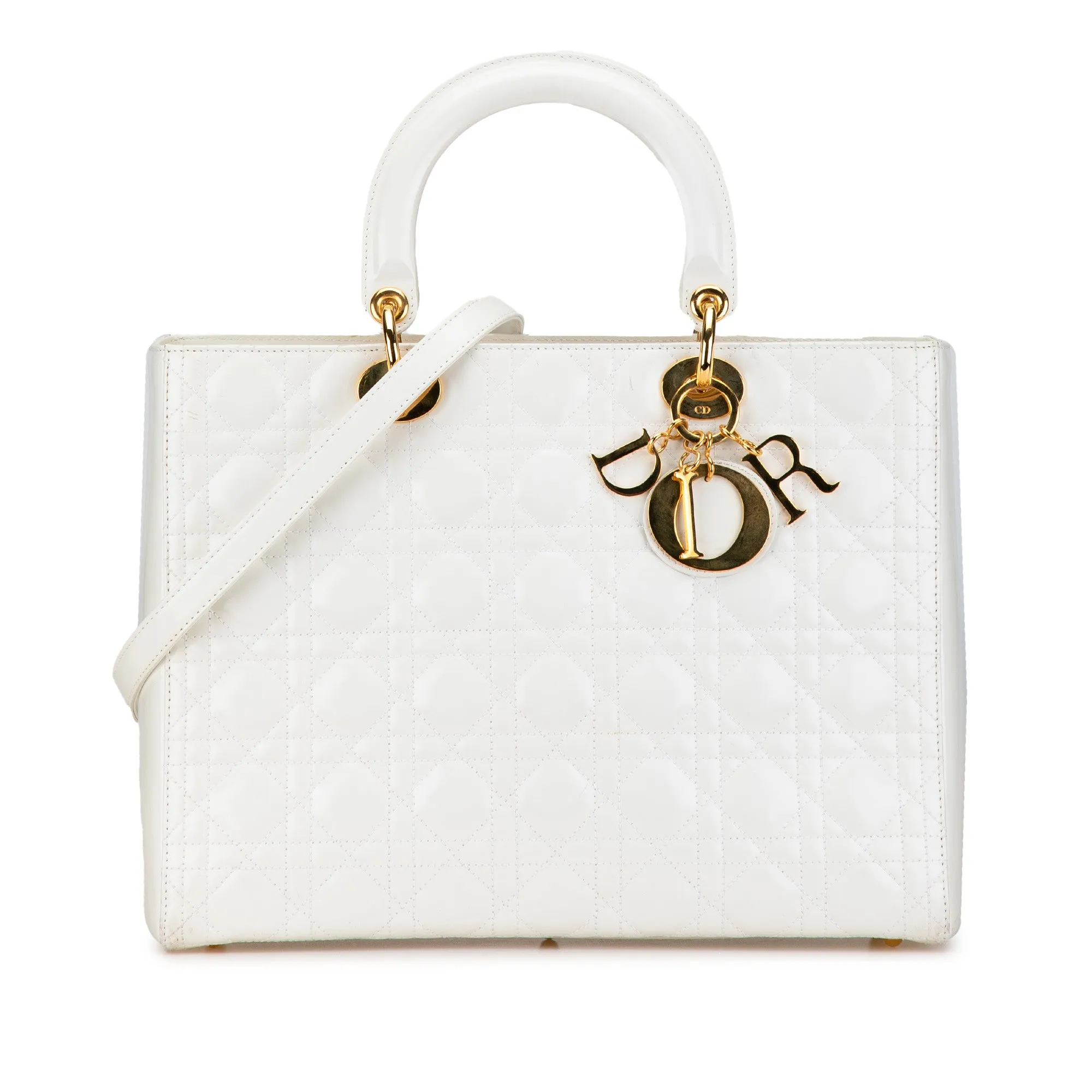 White Dior Large Lambskin Cannage Lady Dior Satchel