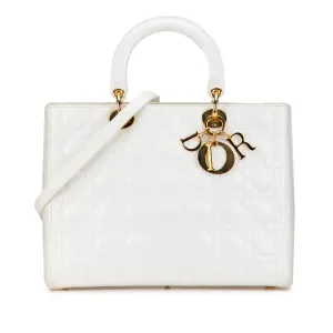 White Dior Large Lambskin Cannage Lady Dior Satchel