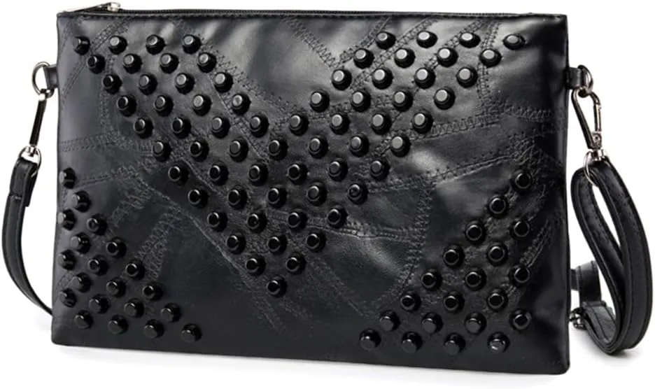 Women Clutch Bag Gothic Punk PU Leather Studded Crossbody Bag Rivet Wristlet Handbag Envelope Clutches For Women Girls Ladies