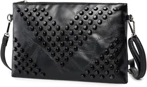 Women Clutch Bag Gothic Punk PU Leather Studded Crossbody Bag Rivet Wristlet Handbag Envelope Clutches For Women Girls Ladies