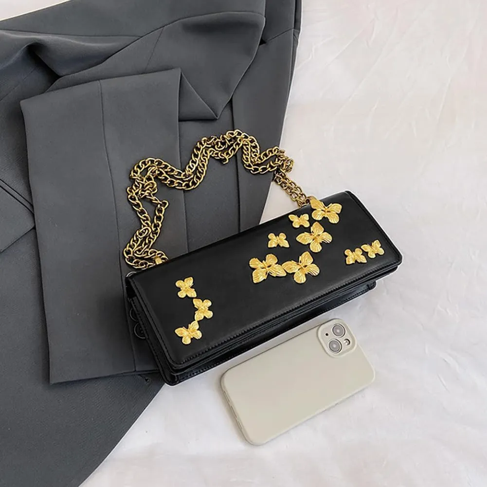 Womens Chic Gold Butterfly Shoulder Bag, PU Leather Chinese Style Retro Crossbody Purse, Fashion Square Chain Tote Daypack