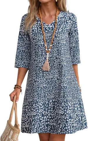 Women's Summer Casual Floral Print Mini Dress Round Neck Half Sleeve Shift Cute Boho Beach Wedding Guest Dresses