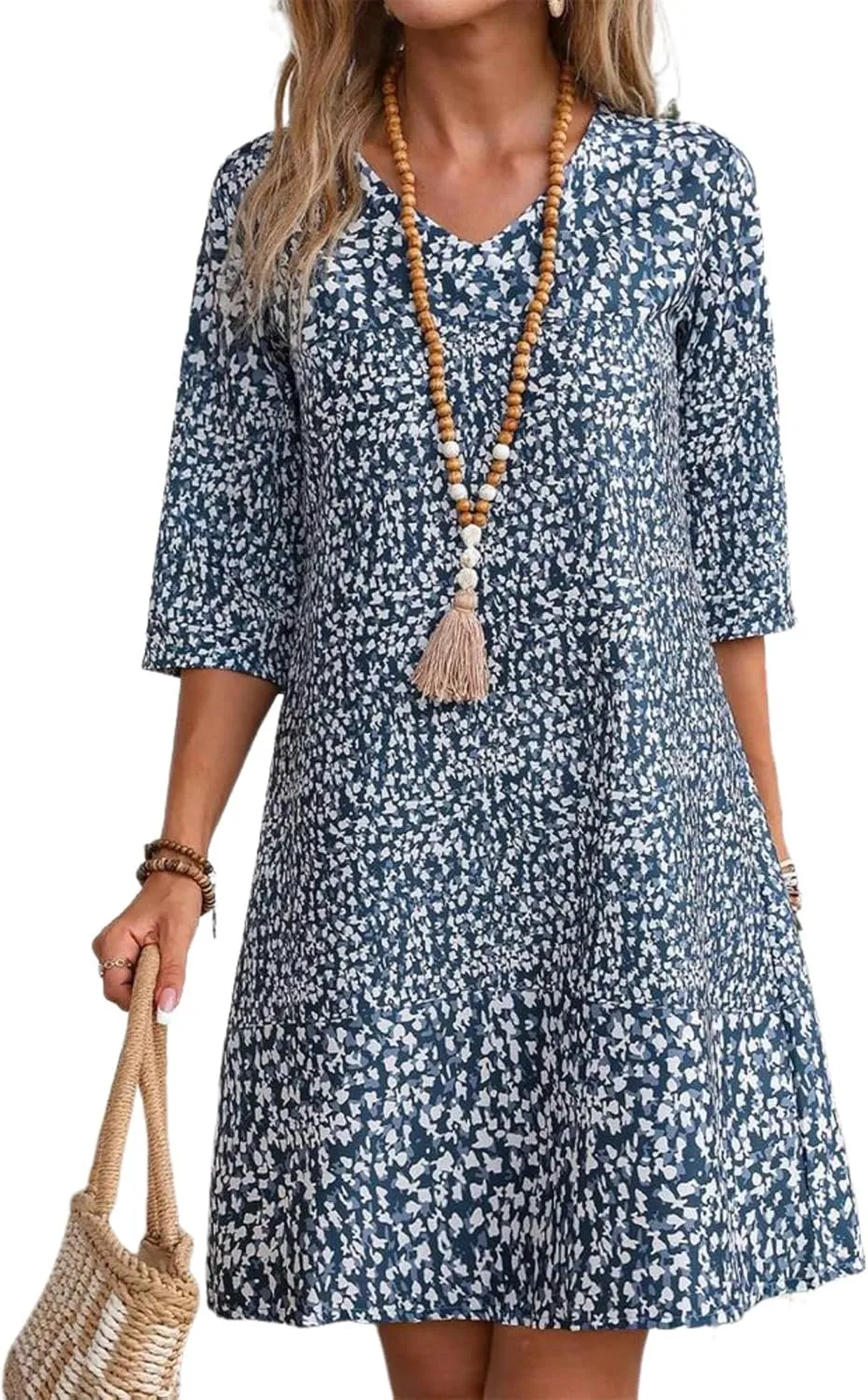 Women's Summer Casual Floral Print Mini Dress Round Neck Half Sleeve Shift Cute Boho Beach Wedding Guest Dresses