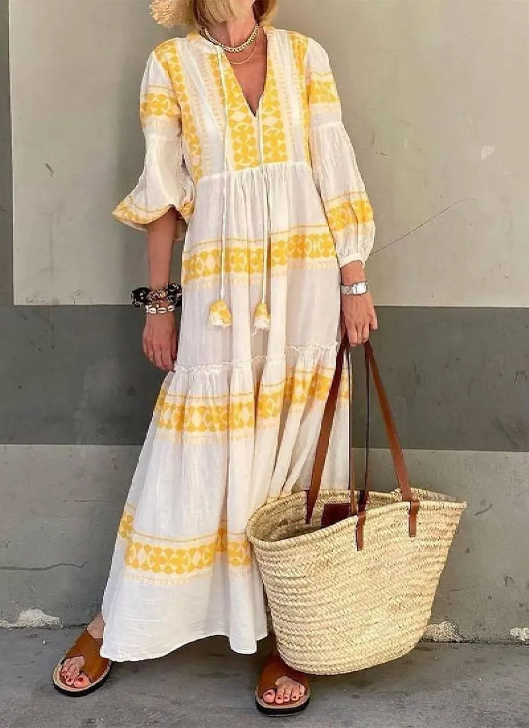 Women's Summer Fashion Floral Print Maxi Dress Long Sleeve Sexy V Neck Shift Casual Boho Beach Wedding Guest Dresses