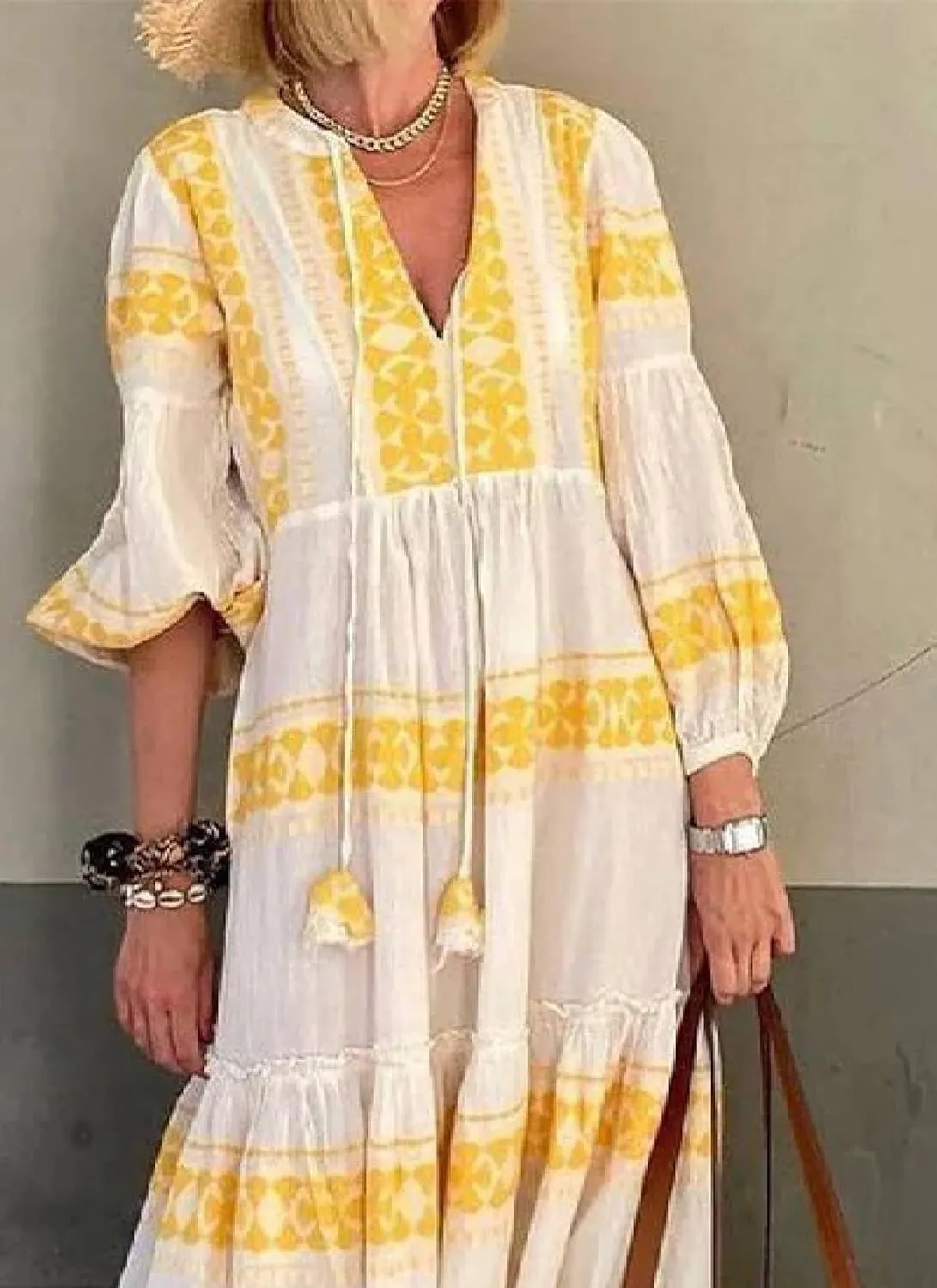 Women's Summer Fashion Floral Print Maxi Dress Long Sleeve Sexy V Neck Shift Casual Boho Beach Wedding Guest Dresses