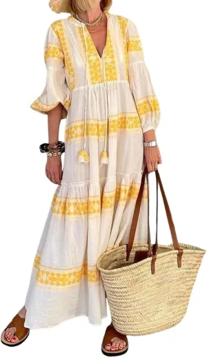 Women's Summer Fashion Floral Print Maxi Dress Long Sleeve Sexy V Neck Shift Casual Boho Beach Wedding Guest Dresses