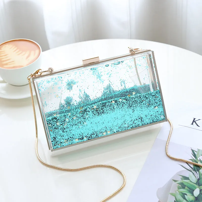 Womens Transparent Sequins Chain Clutch Evening Handbag Party Cross-body Purse