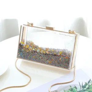 Womens Transparent Sequins Chain Clutch Evening Handbag Party Cross-body Purse