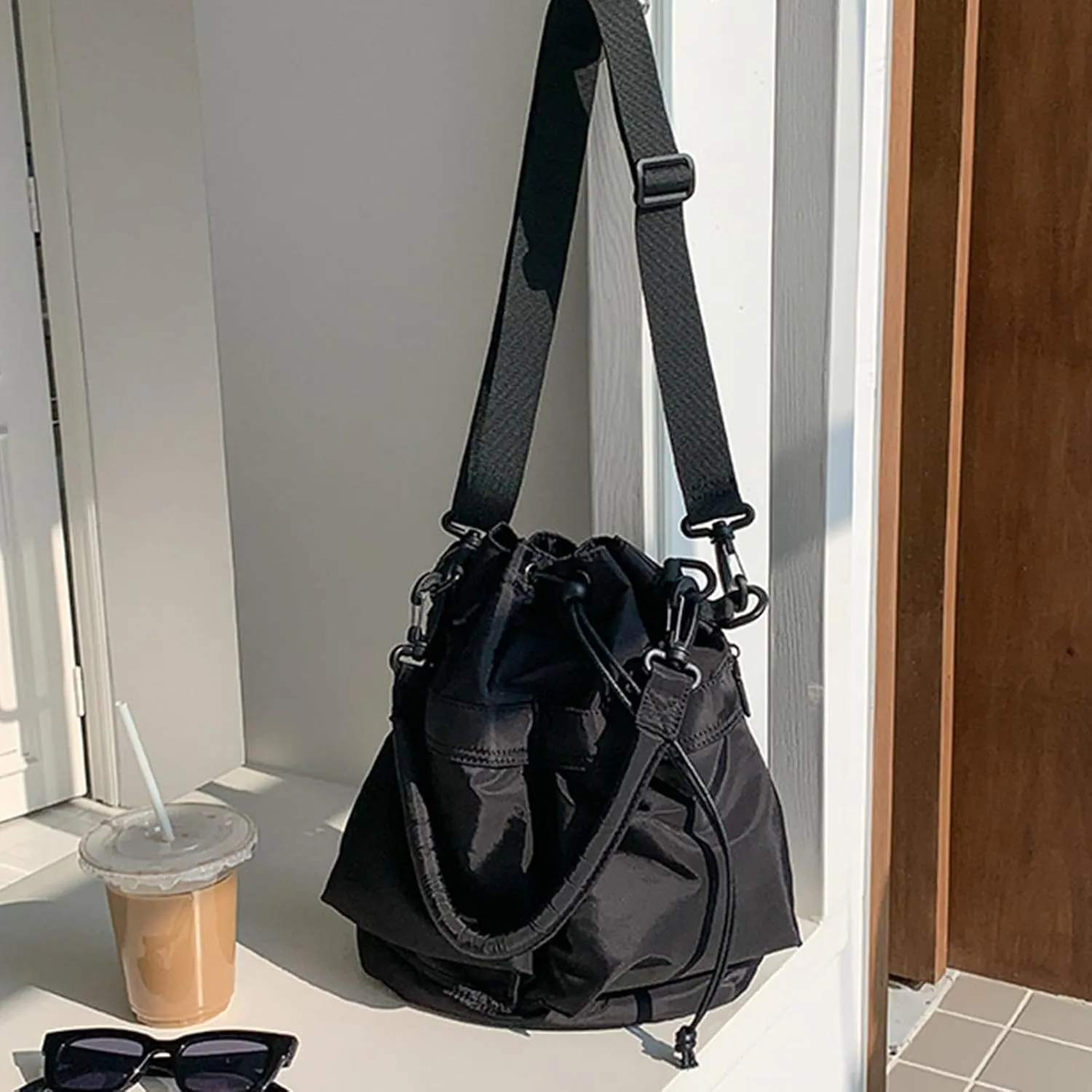 WUURAA Fashion Nylon String Bucket Bags Pleated Large Capacity Soft Shoulder Bag Handbags Casual Women's Shoulder Bag