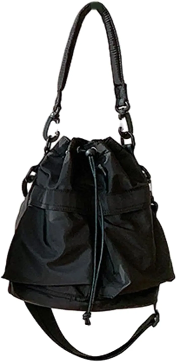WUURAA Fashion Nylon String Bucket Bags Pleated Large Capacity Soft Shoulder Bag Handbags Casual Women's Shoulder Bag