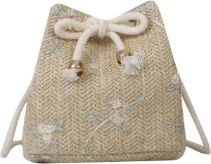 WUURAA Women's Drawstring Shoulder Bag Women's Straw Woven Bucket Crossbody Bag Summer Beach Handbag All-Matching Messenger Bag Ins