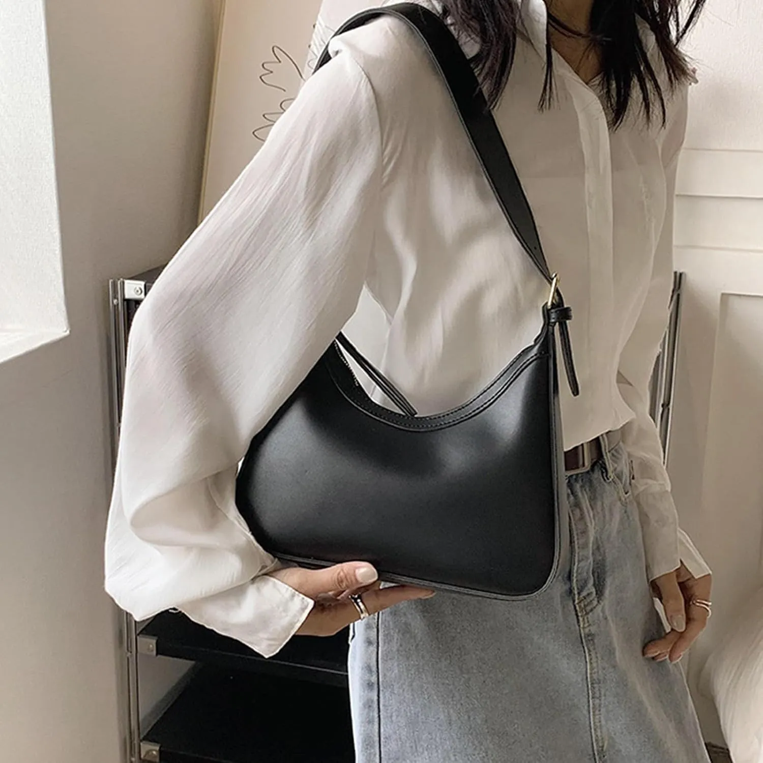 WUURAA Women's PU Leather Shoulder Bags Fashion Tote Handbag Female Casual Clutch Bag Korean Style Saddle Bag for Shopping