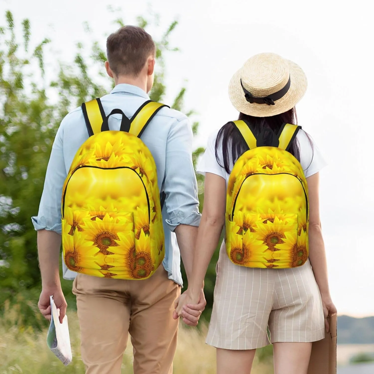 Yellow Sunflower Print Canvas Backpack Women,Mens Travel Casual Daypack Bookbag For Laptop Work Travel Hiking