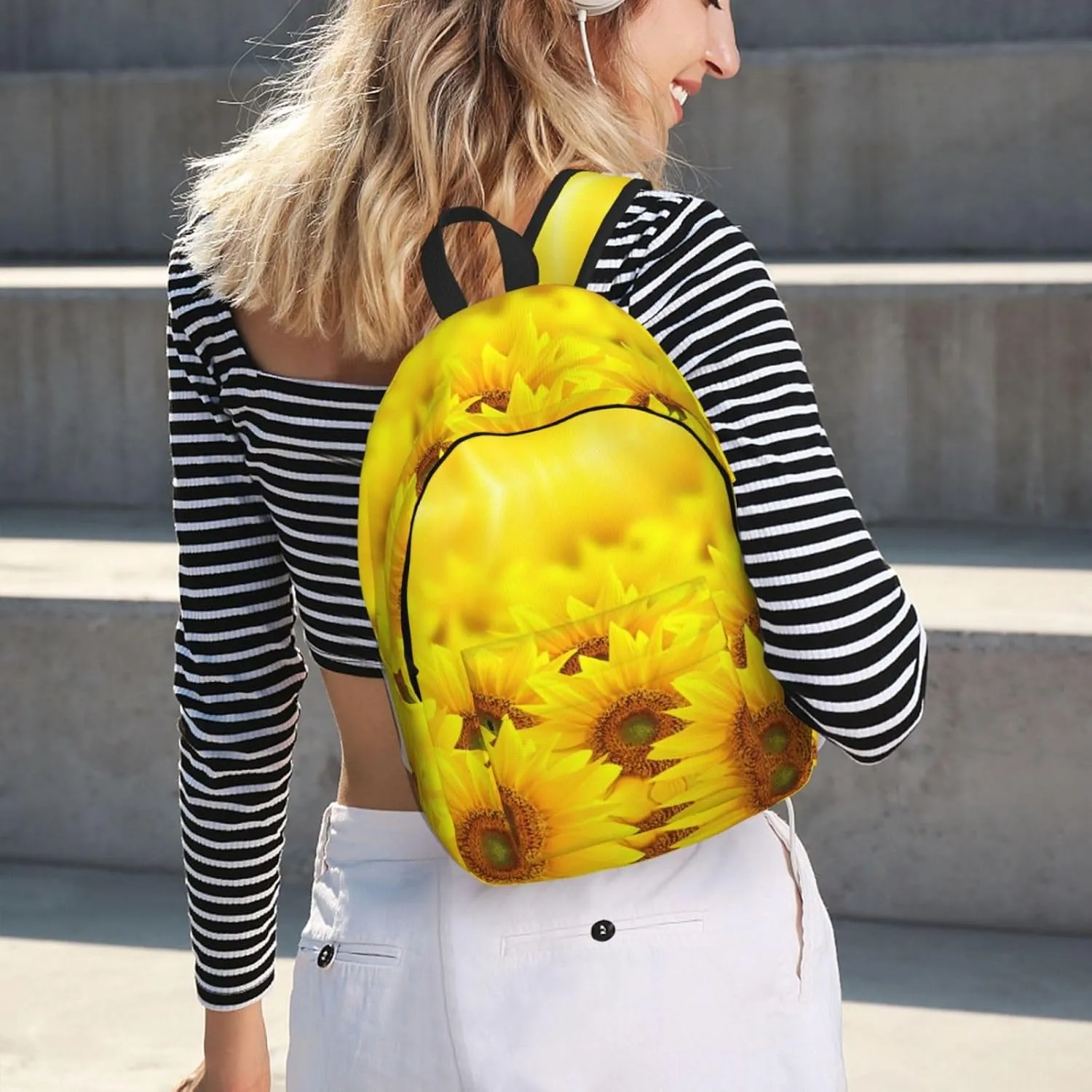 Yellow Sunflower Print Canvas Backpack Women,Mens Travel Casual Daypack Bookbag For Laptop Work Travel Hiking