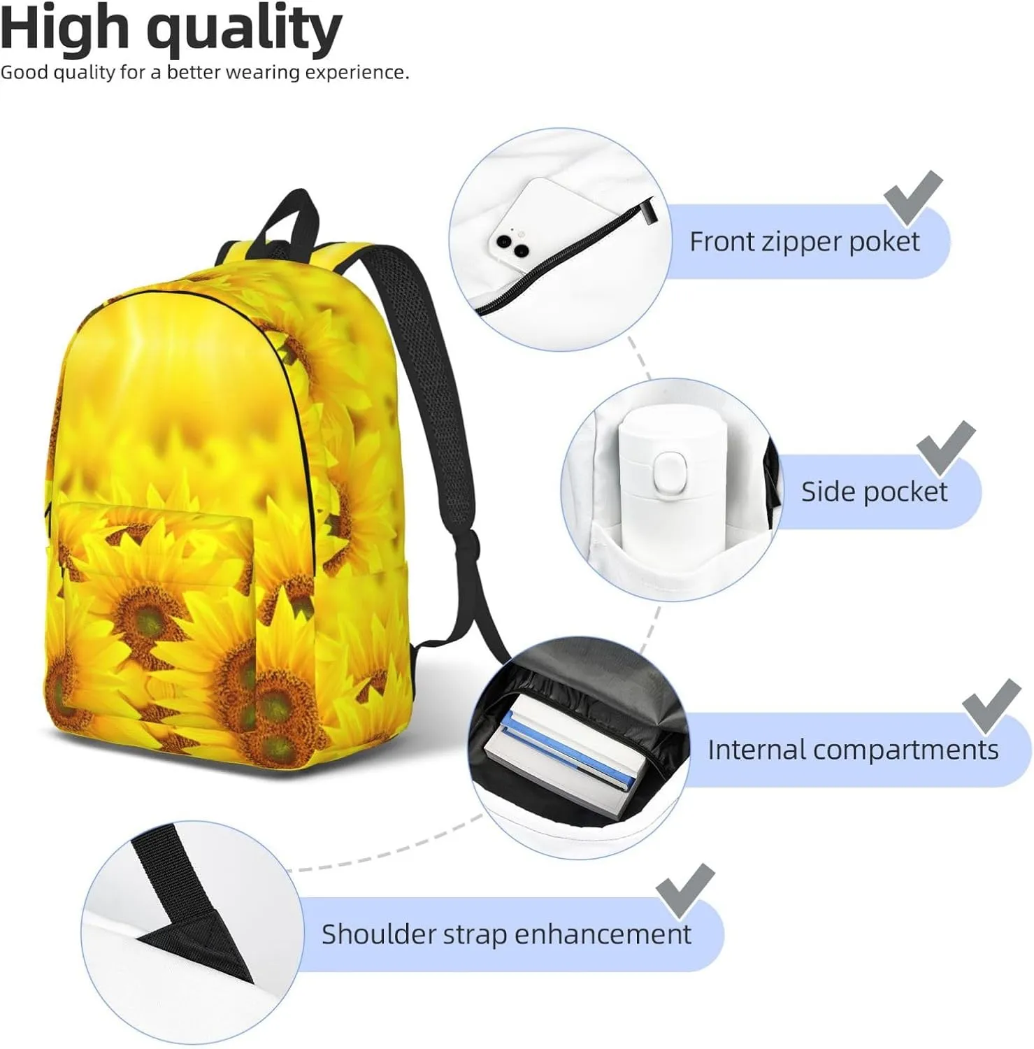 Yellow Sunflower Print Canvas Backpack Women,Mens Travel Casual Daypack Bookbag For Laptop Work Travel Hiking