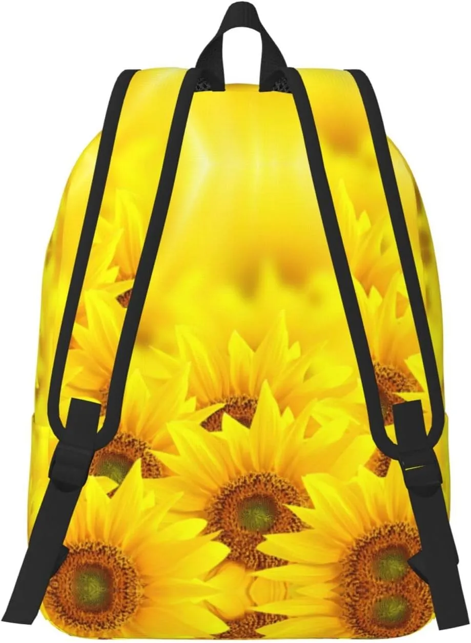 Yellow Sunflower Print Canvas Backpack Women,Mens Travel Casual Daypack Bookbag For Laptop Work Travel Hiking